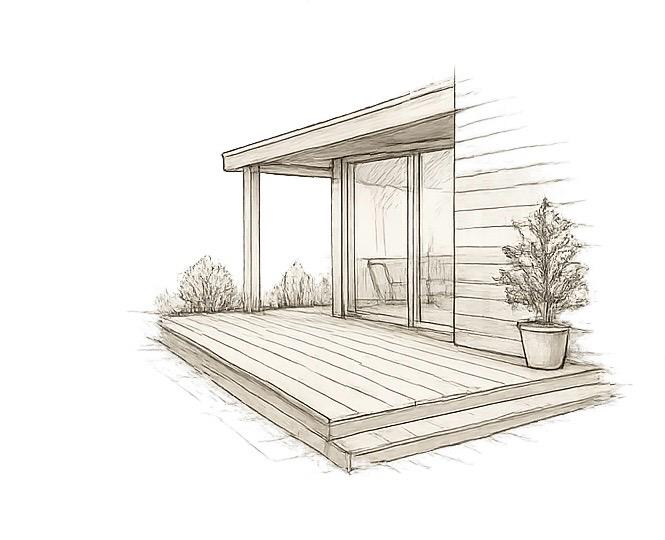 Architekturzeichnung einer überdachten Holzterrasse mit Schiebetür